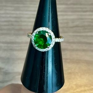 Green and Silver Halo Emerald Ring with Diamond Accents